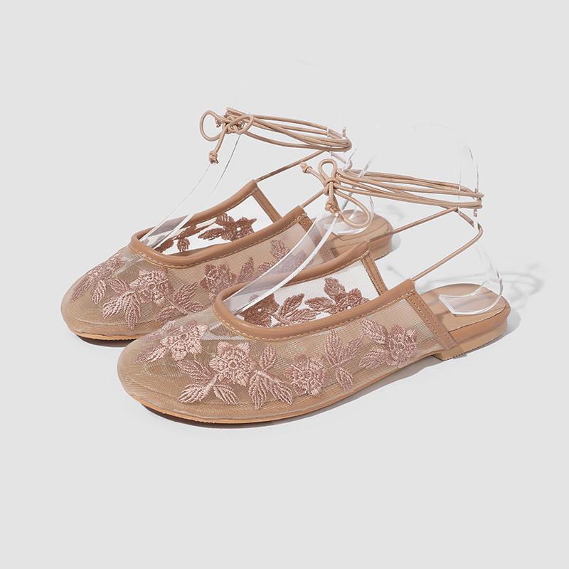 

Fashion Fashion Air Mesh Flowers Embroidery Women Ballet Flats Comfortable Soft Soles Lace up Slingbacks Summer Loafers Casual Shoes 42 абрикосовый