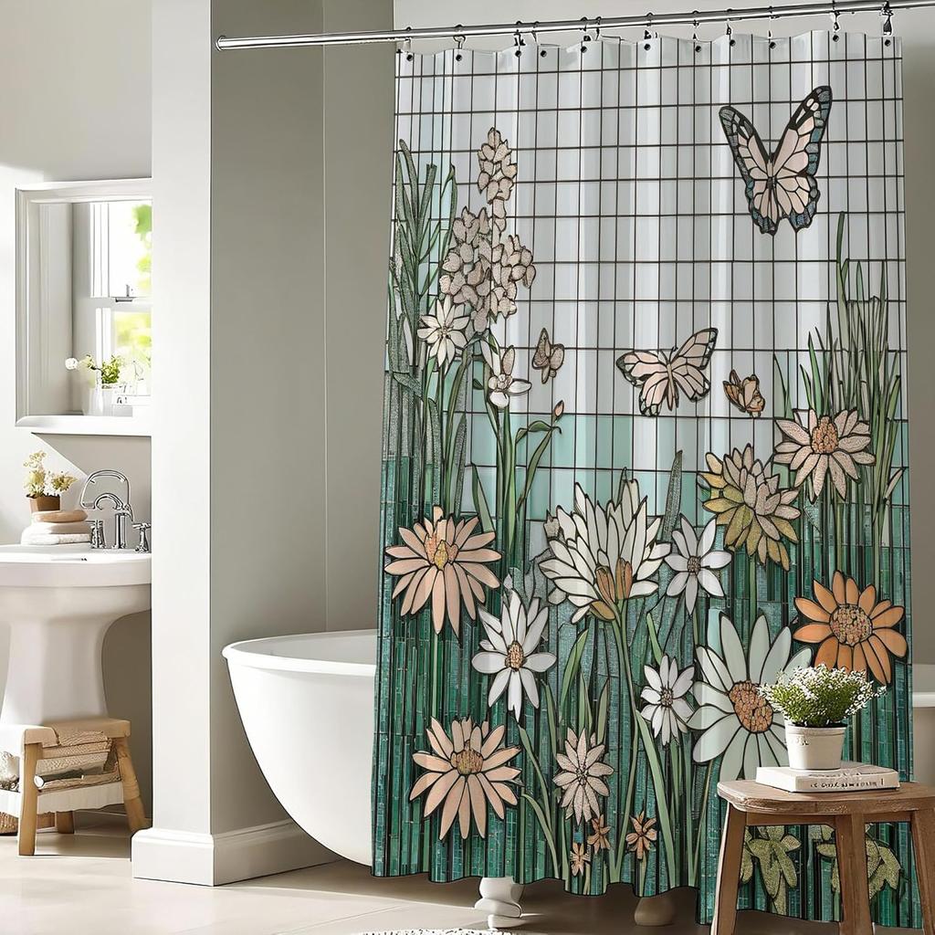 Stained Glass Floral Butterfly Shower Curtain Set Abstract Geometric Aesthetic Daisy Spring Flower Shower Curtains Botanical Pla