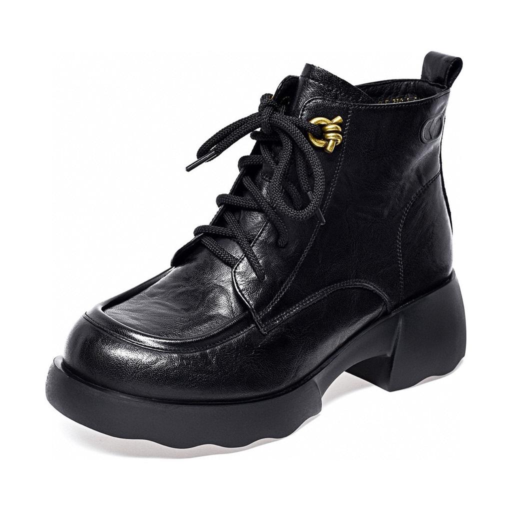 Short boots women's new European and American simple Martin boots round head lace-up cotton boots women's thick heel casual leather boots