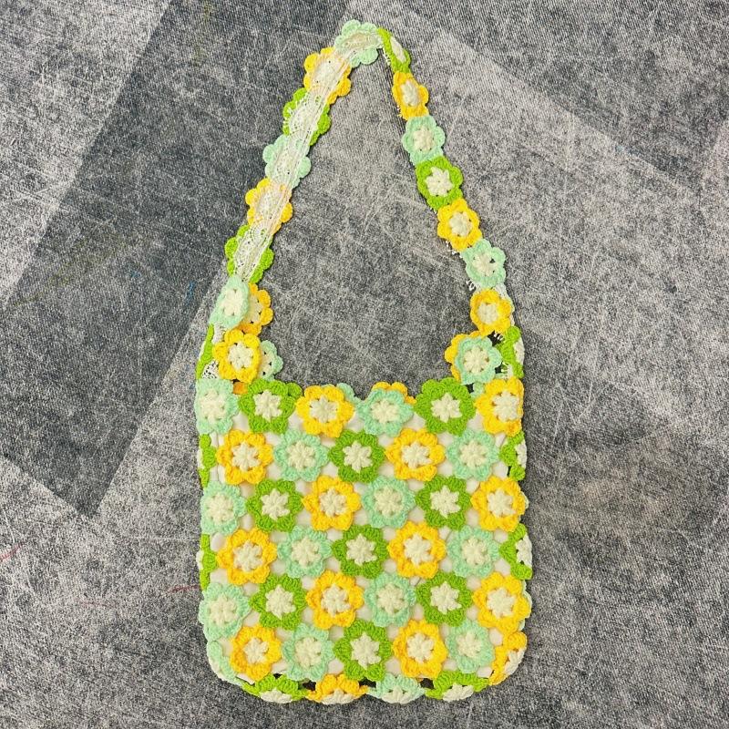 

Handmade Crochet Shoulder Bag For Women Colorful Flower Patchwork Hollow Out Knitted Tote Bag Boho Style Casual Travel Handbag
