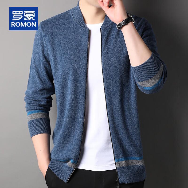 ROMON Men's 100% Cashmere Baseball Collar Zipper Cardigan