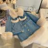 Children's Sets Girls' Fleece-Lined Denim Set Korean Winter Jacket Skirt Thickened Outfit Toddlers