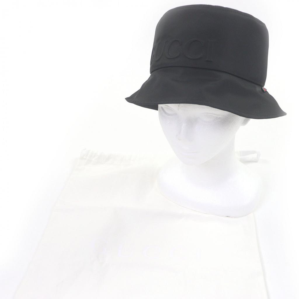 Pristine GUCCI Hat Embossed Logo Sherry Line Bucket Black Nylon Mens XL 813534 Used
