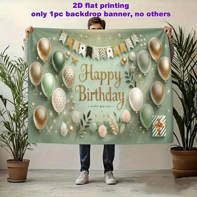 2D Sage Green Gold Happy Birthday Backdrop Banner, 8x6ft Party Background