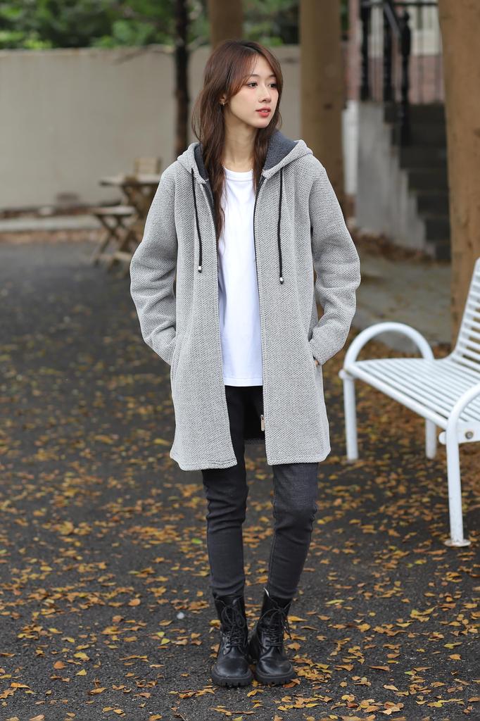 Necoat Long Long Light Size L Women's Hoodie, Fleece-Lined, Sleeves, Fall/Winter, Gray,