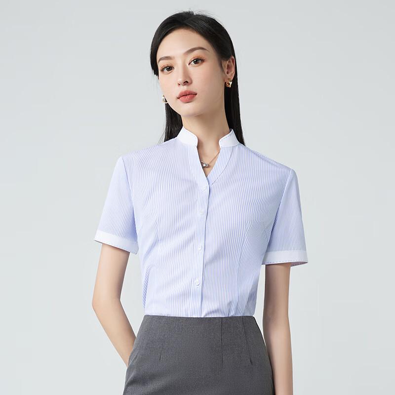 Trolman Women s Non-Iron V-Neck Blue Striped Short-Sleeve Blouse S