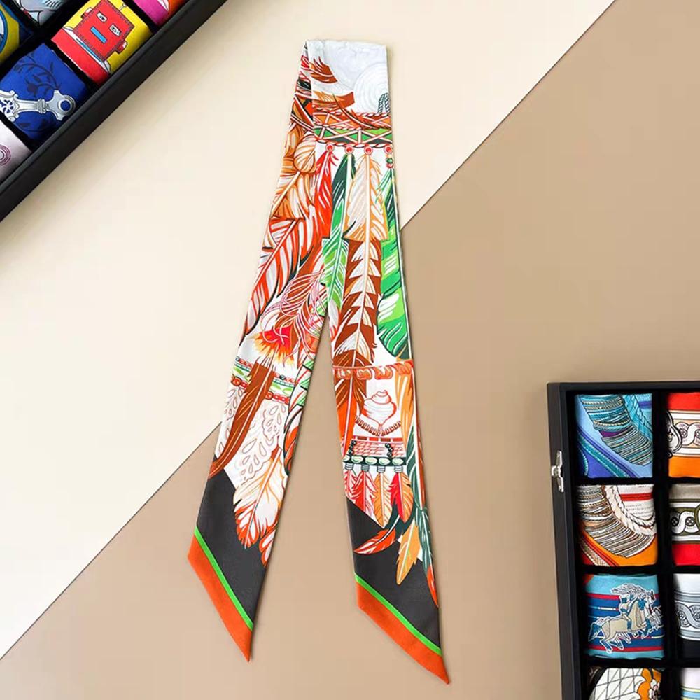 Europe Fashion New Animal Feather Pattern Ladies Leisure Decoration Twill Long Strip Streamer Silk Scarf Tie Bind a Bag Ribbon