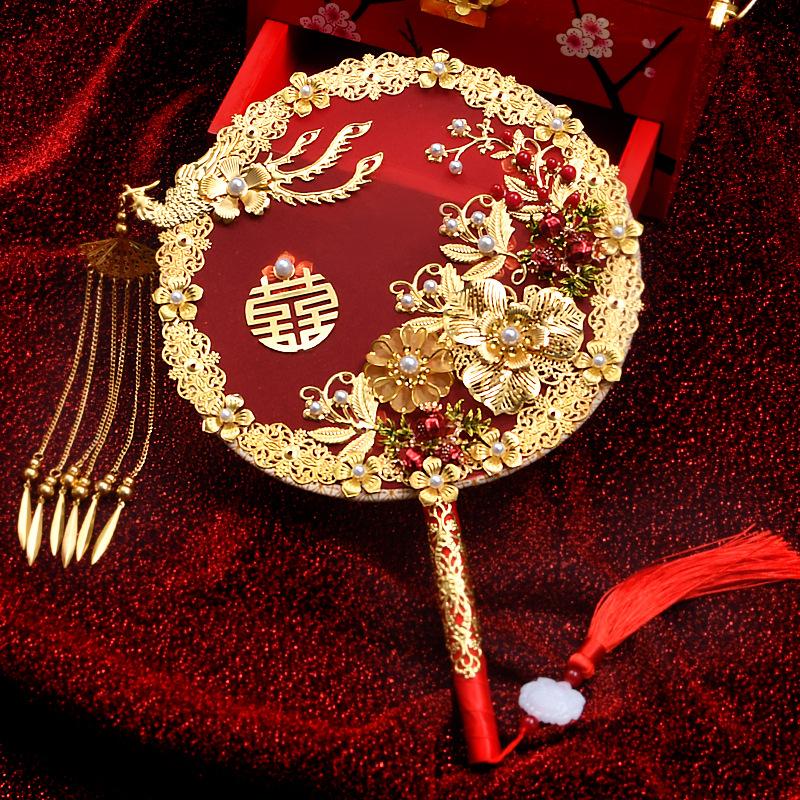Vintage Chinese Wedding Dress Hanfu Decorative Fans Bridal Round Hand Fans Dragon Phoenix Handmade Gold Red Photography Fan Prop