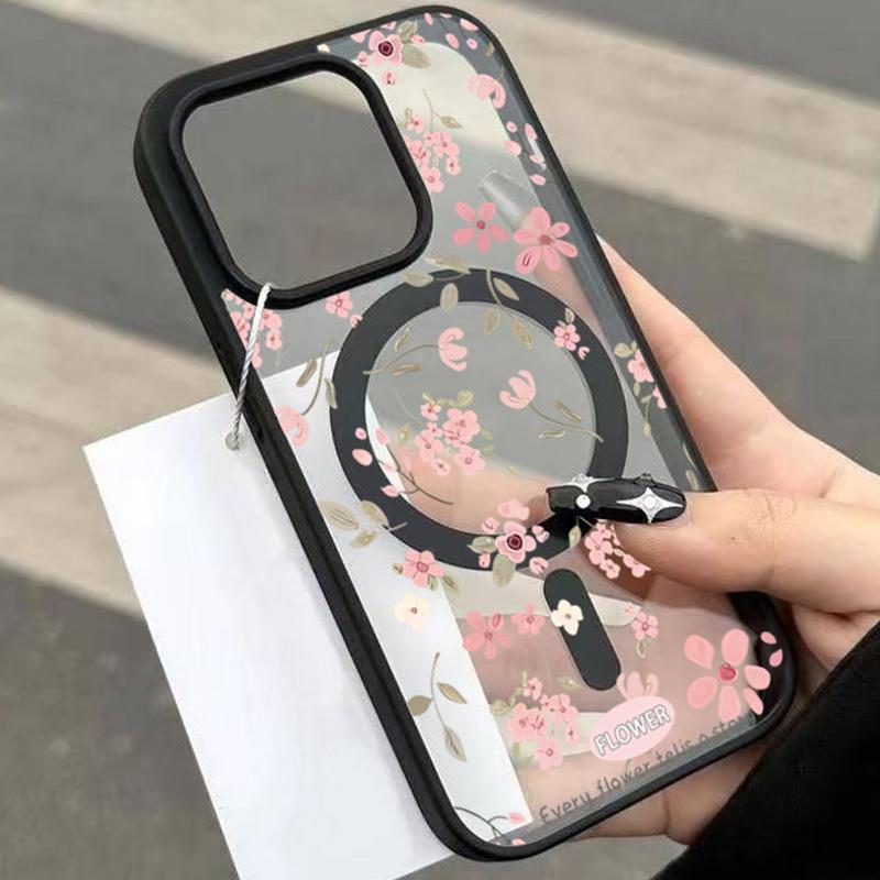 Small Pink Flowers Design Magnetic Phone Case For iPhone 17 Pro Max Cases iPhone 16 Plus 15 14 13 12 11 Air 17 Transparent Cover