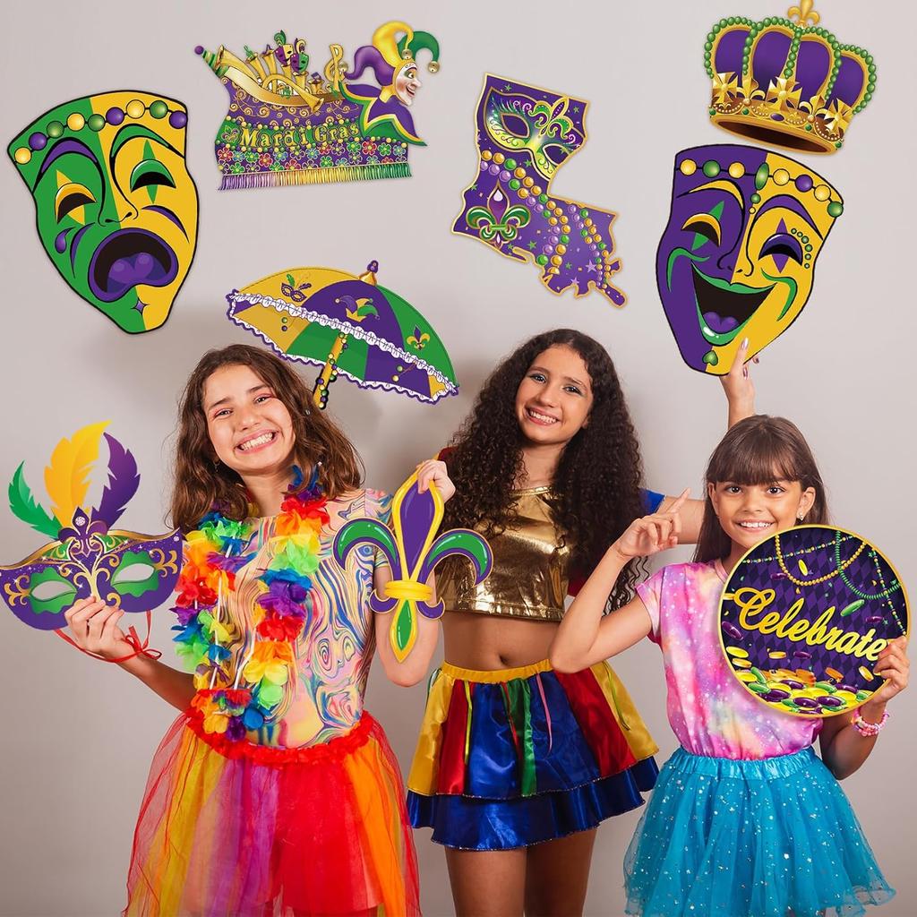 Large Mardi Gras Decorations with Comedy Tragedy Face Mardi Gras Float Mask Cutouts for Themed Party Prom Supplies-9 Pcs