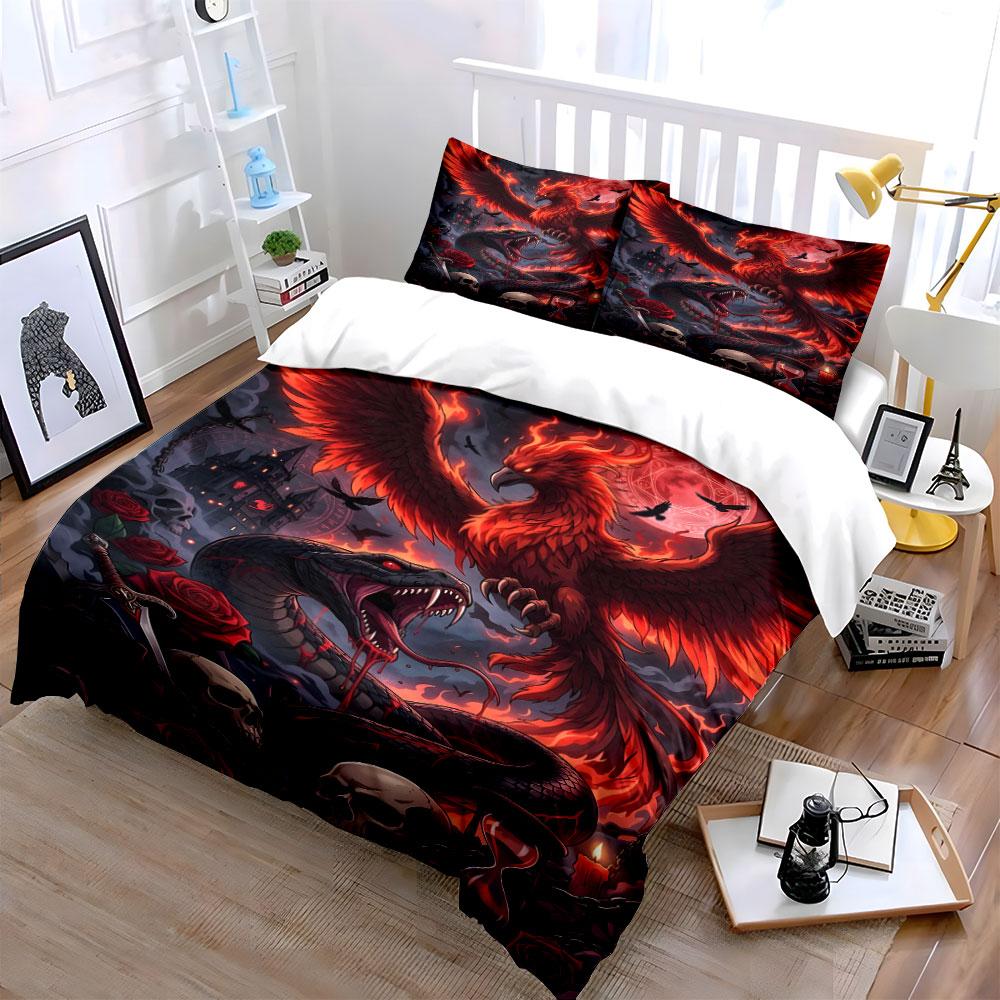 Fiery Phoenix and Serpent Design Bedding Duvet Cover Set  (1*Duvet Cover 2*Pillowcases, Without Duvet Insert)