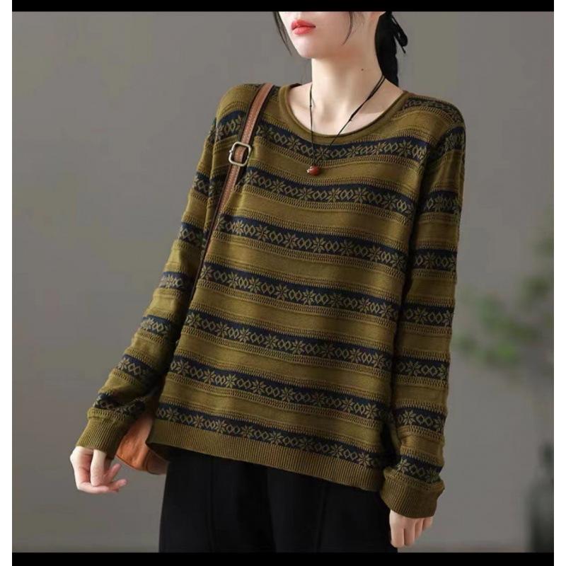 Autumn Winter Sweater Long Sleeved Casual Round Neck Pullover Knitted Sweater Loose Slimming Striped Minimalist Pullovers & Long Sleeves (women’s)