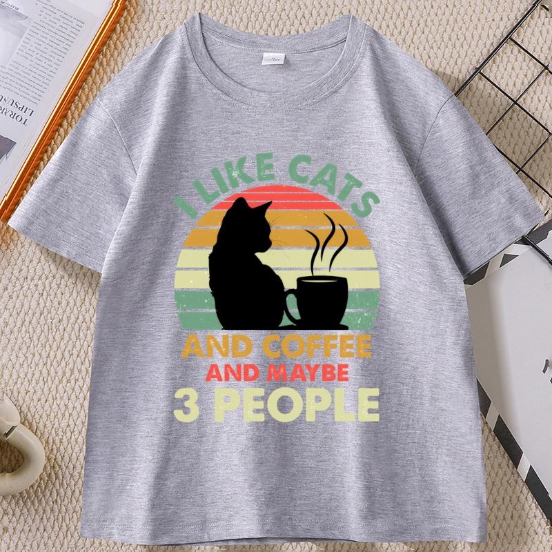 Cats and Coffee Sunset Tshirt I Like Cats and Maybe 3 People Tshirt Casual Cotton Printed Short Sleeve T Shirt Streetwear Tops