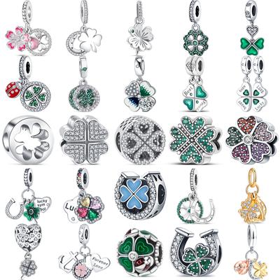 925 Ayar Gümüş Dört Yapraklı Yonca Tarzı Yeşil Temizle Zirkon Kalp Şanslı Boncuk Fit Charms Bilezik Takı