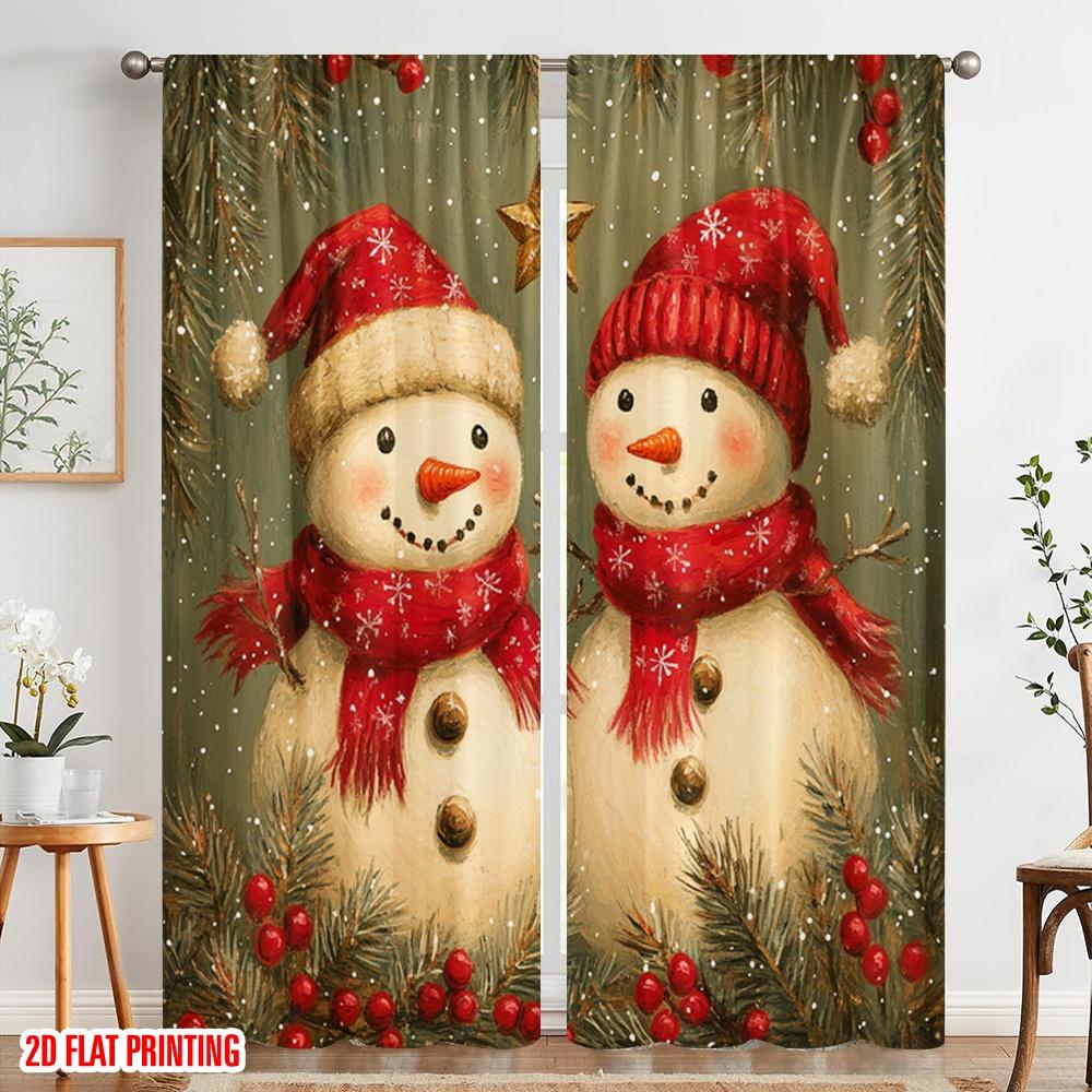 2pcs  2D plane printing Popular Curtain Panels Cute Snowman Christmas Holiday_d (2) Polyester Fabric (without rod) Holiday for