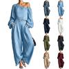 Women's Off Shoulder Long Sleeve Top and Wide Leg Pants Two Piece Set Casual Loose Fit Elastic Waistband Lounge Wear