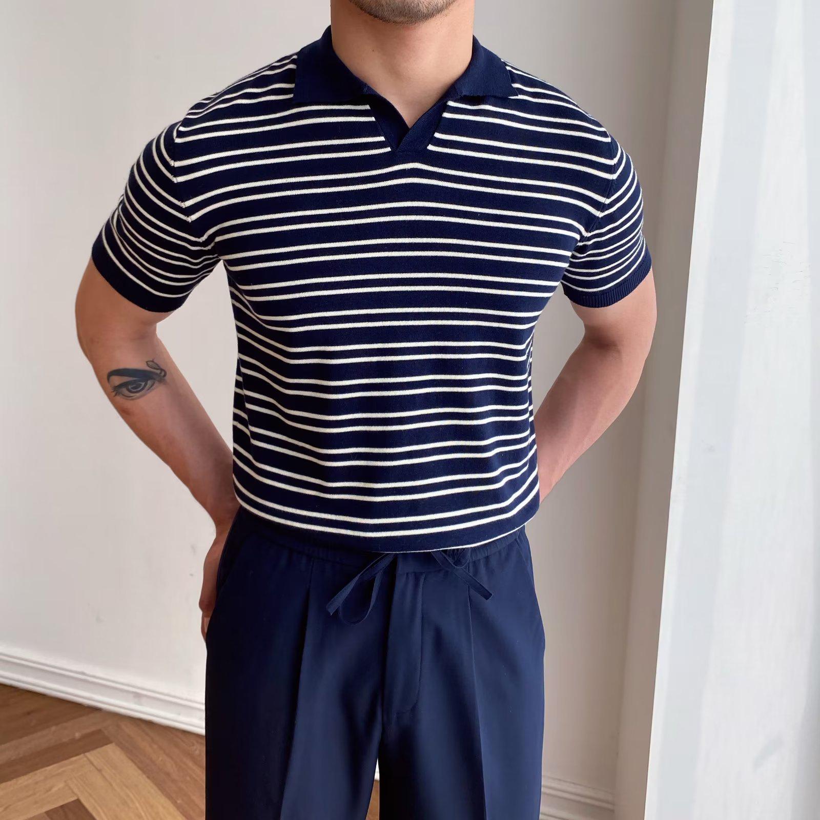 

Men s Summer V-Neck Ice Silk Striped Polo Shirt - Trendy, Versatile, Short-Sleeved Fashion T-Shirt 3XL королівський синій колір