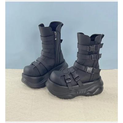 Thick-soled Women's Autumn and Winter Velvet Metal Punk Style Spice Heightening Short Round Head Trendy Cool Locomotive Boots