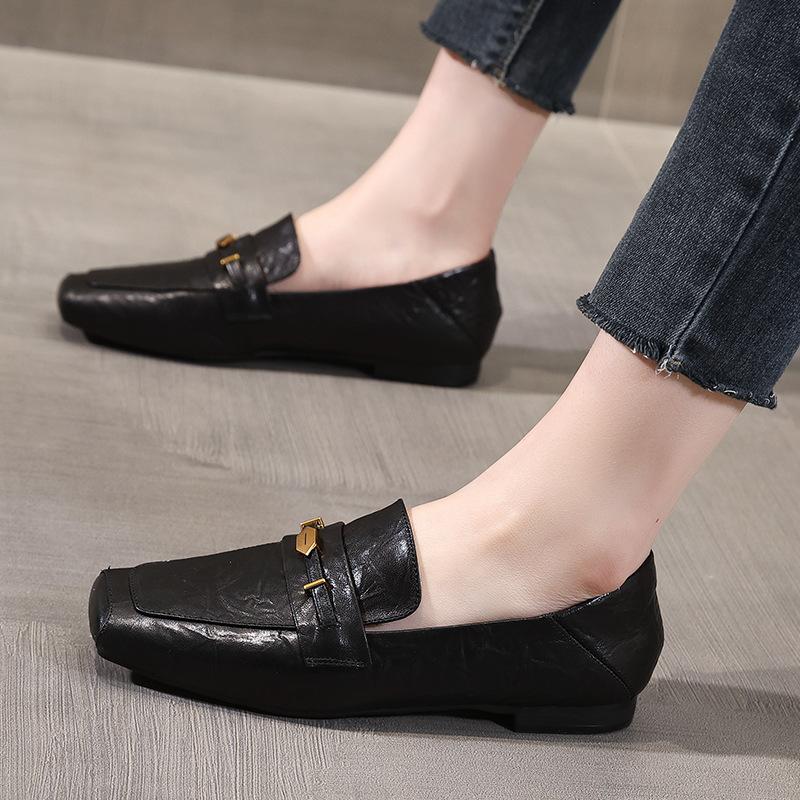2026 Spring Summer Sheepskin Shoes Women Flats Genuine Leather Fashion Brand Ladies Party Shoes Black Brown