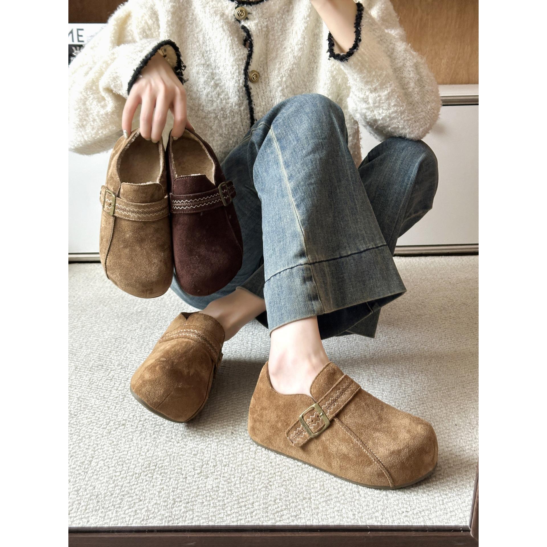 Ван Фань ретро плоская подошва увеличение внутренней высоты Birkenstocks осенне-зимняя обувь бархатные теплые хлопковые туфли 35 верблюд