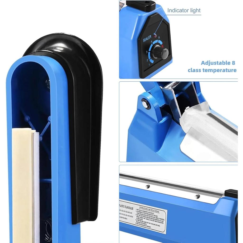 Macchina Sigillatrice a Impulsi 200 mm, Sigillatrice Termica Manuale Portatile per Sacchetti in Plastica PE PP PVC - 8 Impostazioni di Temperatura, Fusibile di Sicurezza Integrato, Indicatore Luminoso