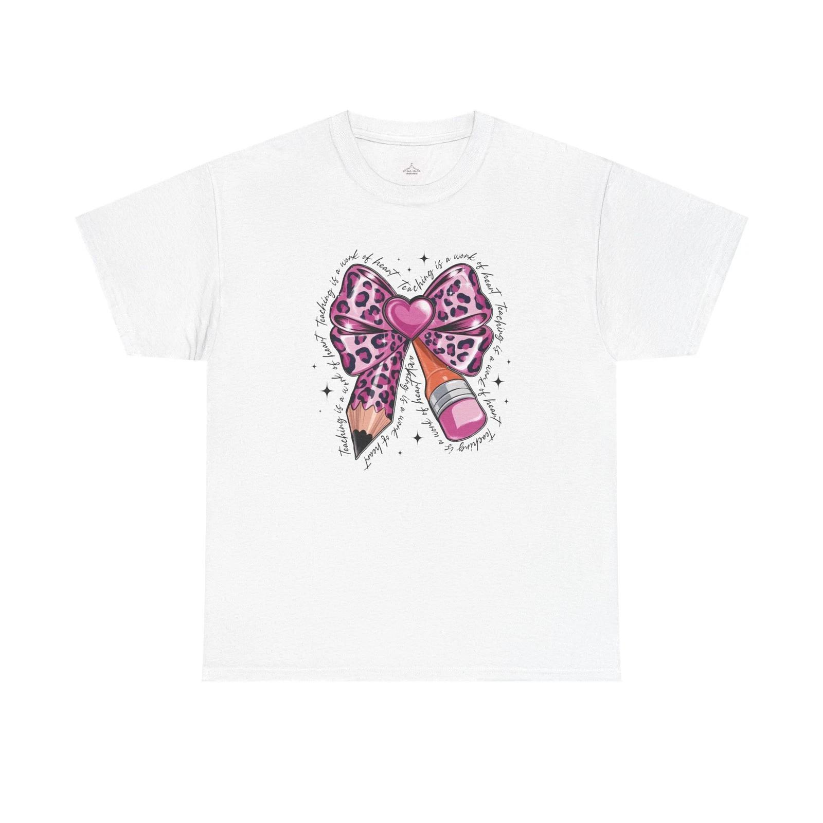 Leopard Heart Bow Tee, Cute Graphic T-Shirt, Trendy Casual Wear, Gift for Her, 3XL