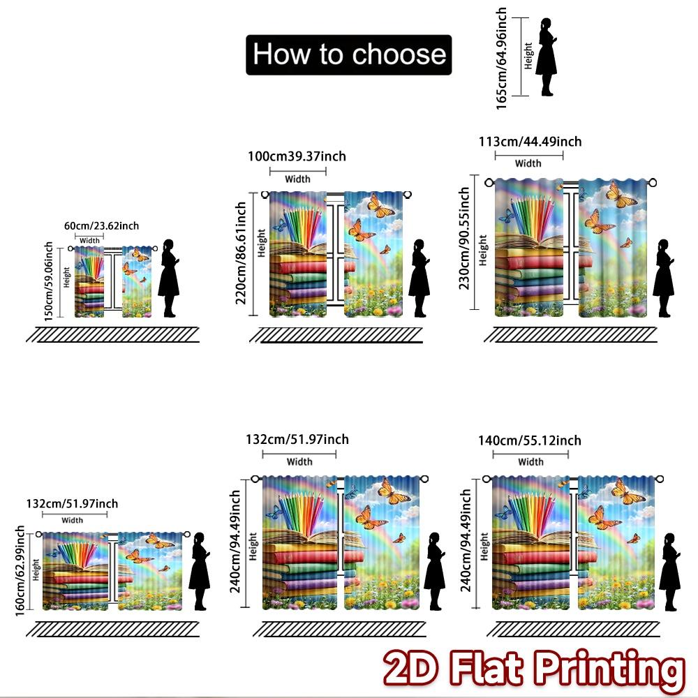 2D Flat Printing 2pcs Curtains Colorful Books Butterflies Rainbow School Supplies Digital Printed Polyester Drapes Family Party
