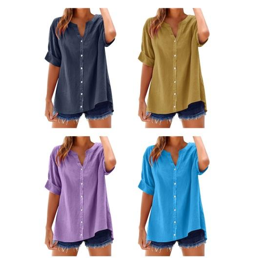 Women Shirt V-Neck Half Sleeve Buttons Placket Shirt Solid Color Loose Fit Summer Casual