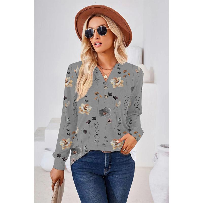 

Весенне-осенний женский повседневный топ с v-образным вырезом и принтом, длинными рукавами, женская верхняя одежда в стиле ретро 2XL серый
