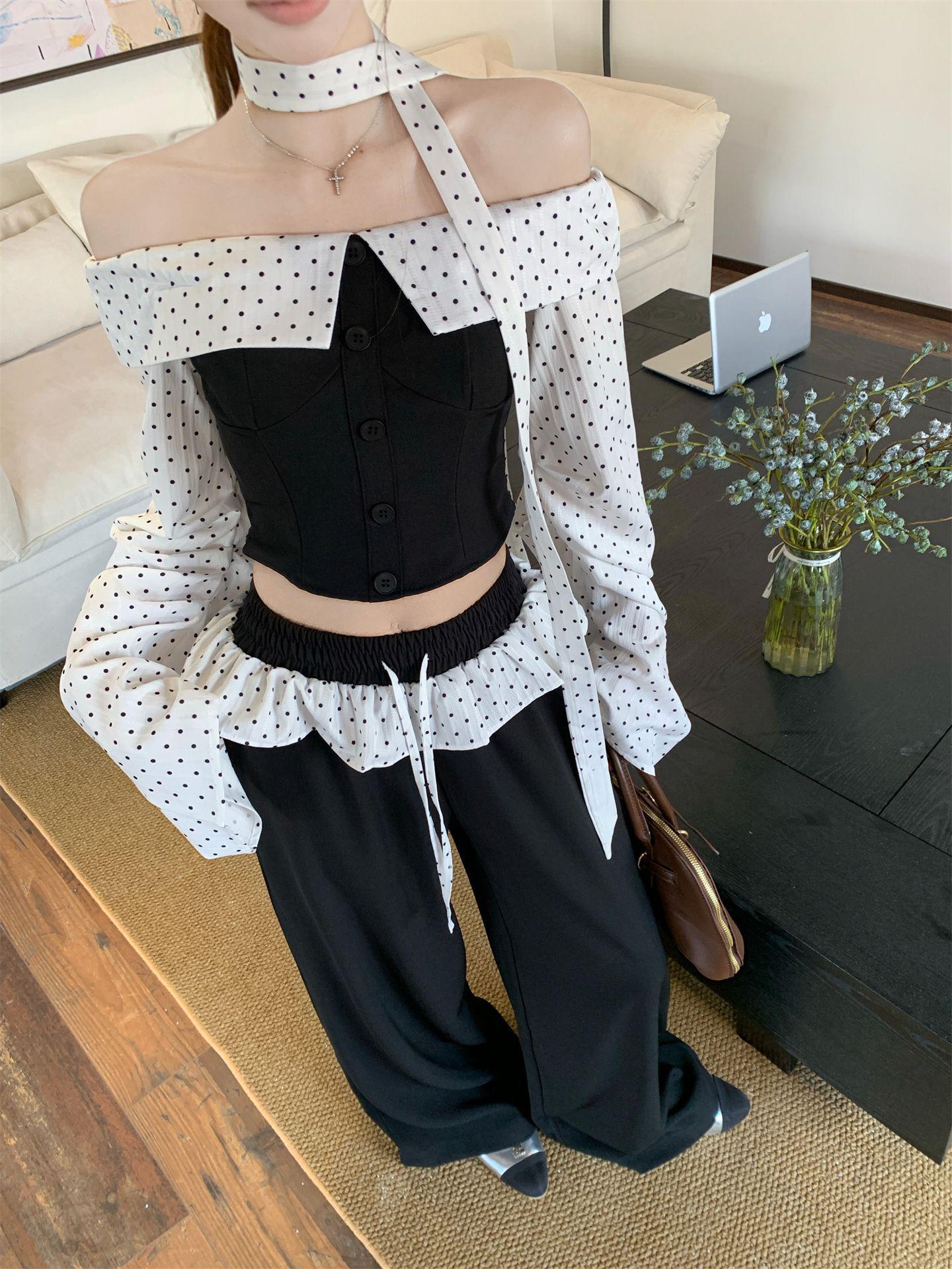 Chic French Polka Dot Off-Shoulder Waist-Cinched Long-Sleeve Women s Shirt for Autumn/Winter M