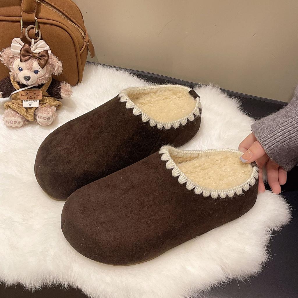 Inner Heightening Bag Head Woven Half Slippers Women 2025 Autumn and Winter Piled Thickened Warm One Pedal Birken Lazy Shoes Women