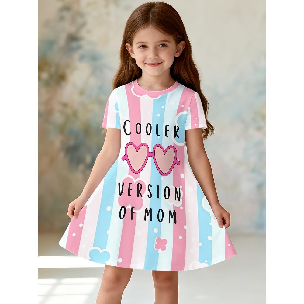 Summer Print Design Pattern Short Sleeve Dress, Girls Short Sleeve Round Neck Casual Loose Dress, Retro Cute Sweet Style Dress 110