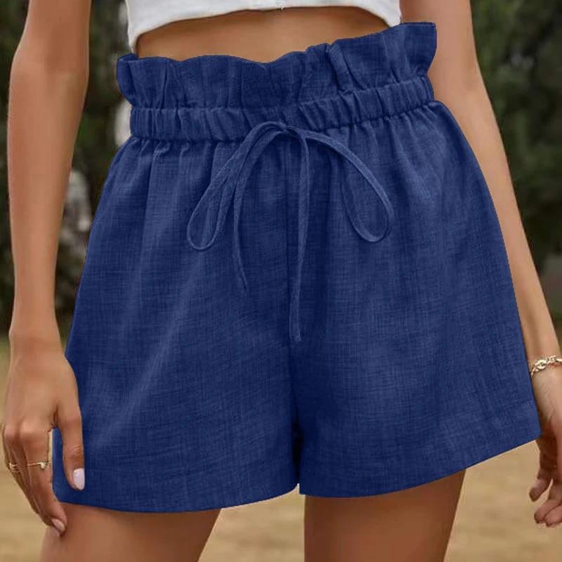 2024 Summer Cotton Linen Women Wide Leg Shorts  High Waist Casual Drawstring Pants For Women Loose Ruffled Lady Clothes 30773