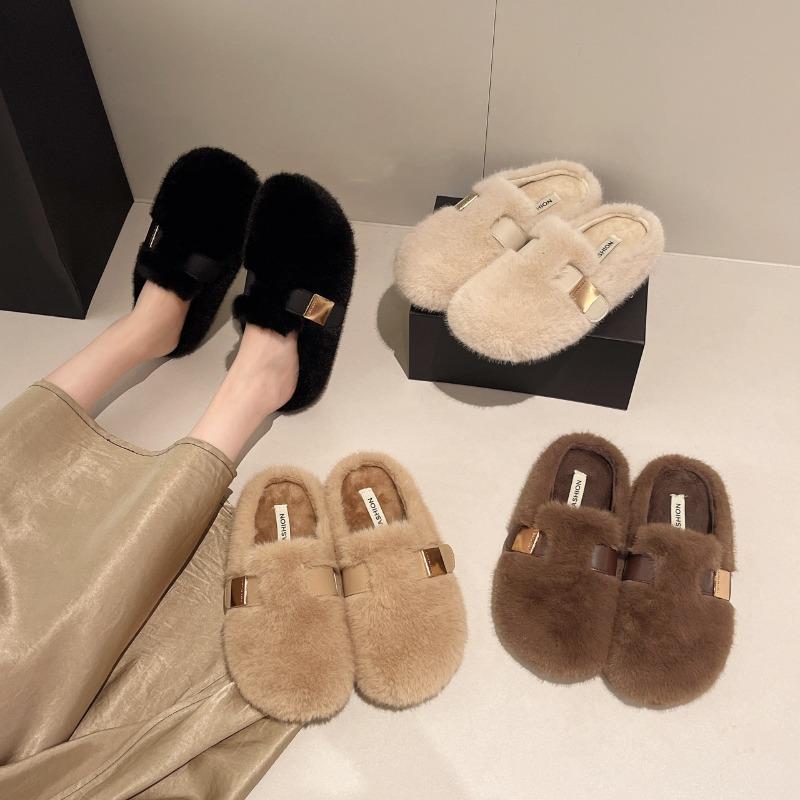 Mao Mao slippers women's autumn and winter new flat-bottomed bag head piled warm cotton slippers women