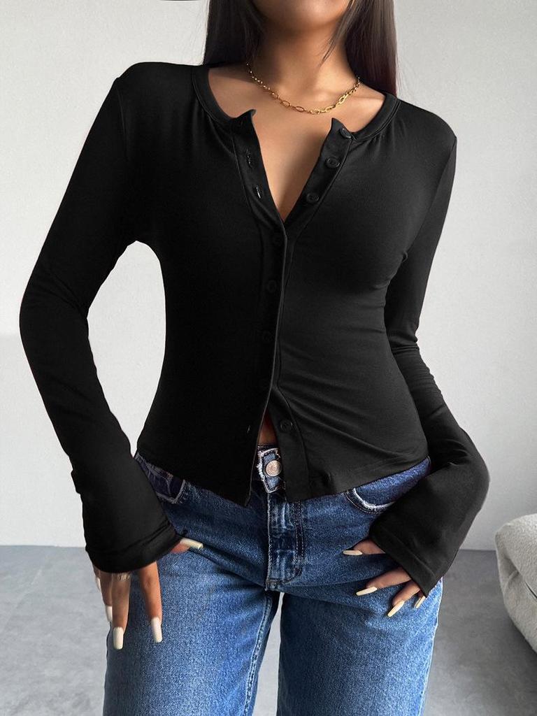 2025 European Autumn/Winter Slim Fit Long Sleeve Women’s Open Shirt