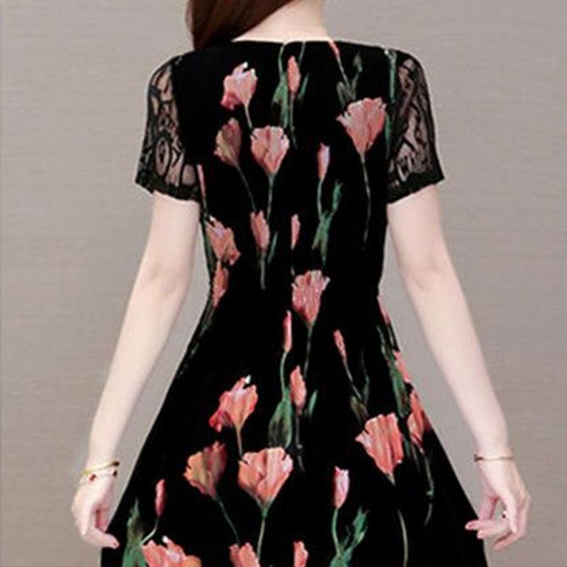 Elegant Floral Printed Midi Dress Summer Short Sleeve Stylish Lace Spliced Slim Women's Clothing A-Line Waist Vintage Dresses