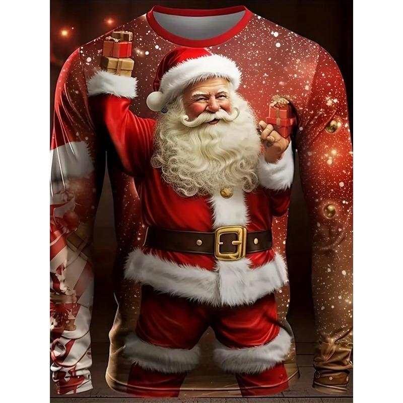 Erkek Tişört Noel Baba 3D Baskı Noel Erkek Uzun Kollu Tişörtler Günlük Kazak Üst Tatil Rahat Erkek Giyim