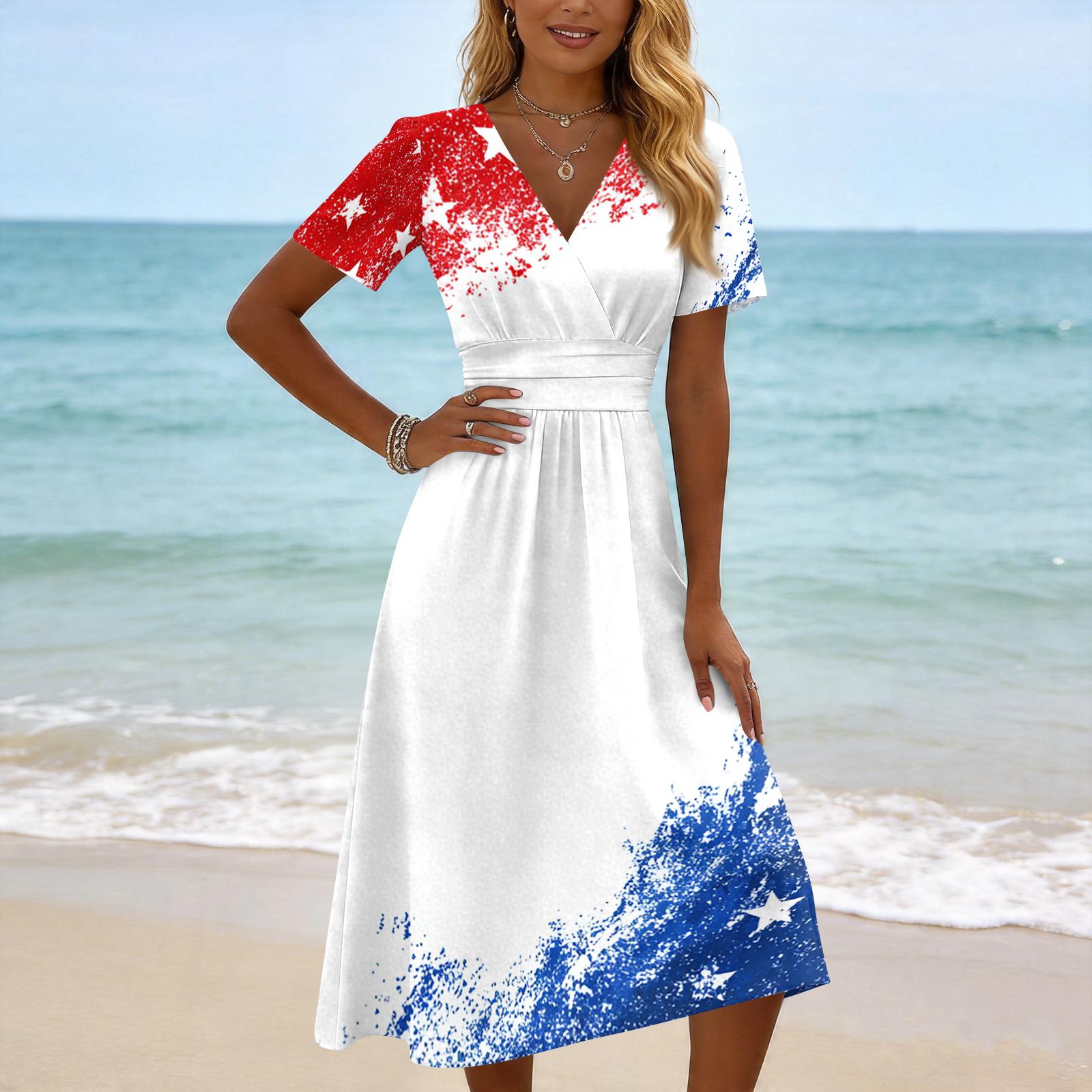 

Women s Casual Fashion Independence Day Printed Short-Sleeve V-Neck Dress XL білий