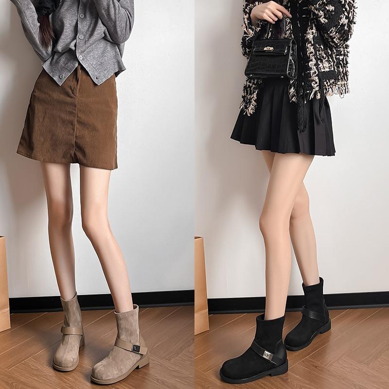 British style matte suede thin boots 2025 autumn and winter new belt buckle flat thick heel retro Martin boots short boots