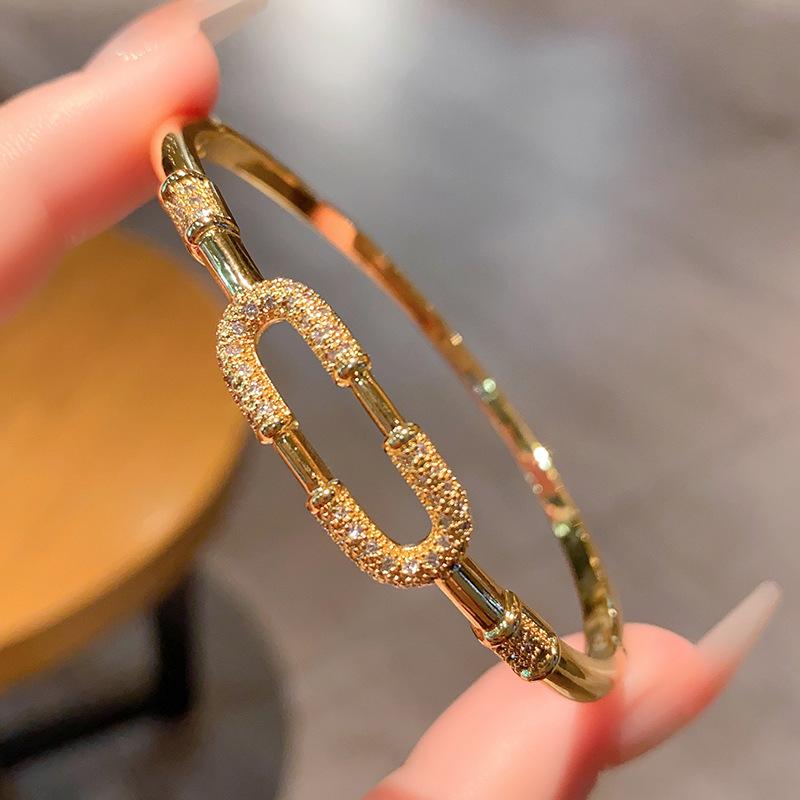 European and American simple full zircon copper gold-plated bracelet geometric paperclip love retro personality non-fading bracelet