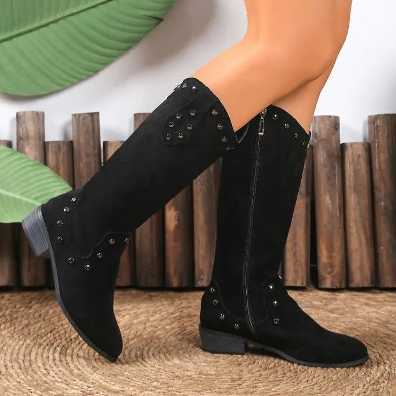

Fashion Ladies Shoes 2025 Side Zipper Women s Boots Fashion Rivet Metal Decoration Modern Boots Women Winter Plus Size Knee-High Boots 36 чёрный