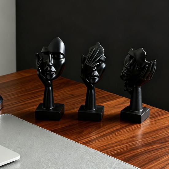 Abstrakt Tänkare Skulptur Ingen Hör Ingen Ser Ingen Talar Modern Harts Huvud Staty Samlarfigur för Hem Kontor Bokhylla Skrivbordsdekor