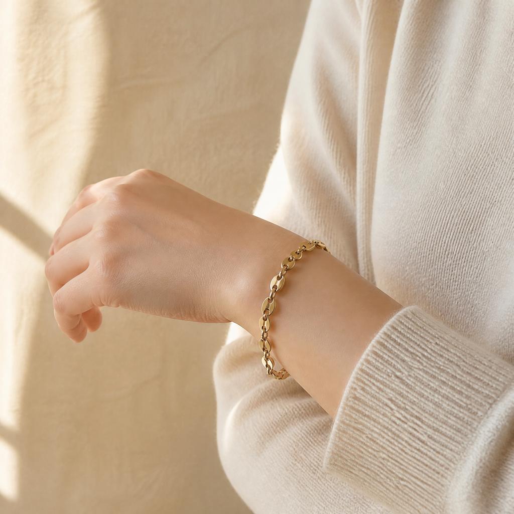 Bracciale da Uomo Donna in Acciaio Inossidabile Maglia Mariner Gonfia Placcato Oro 18K Senza Appannamento Ipoallergenico Catena a Maglie Ovali ad Ancora