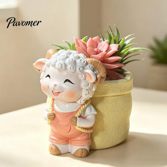 Lovely Lamb Shaped Decor Cute Planter, Cartoon Sheep Carring Bag Plant Pot, Indoor Pot for Desk Small Resin Flower Succulents, Houseplants, Decoration