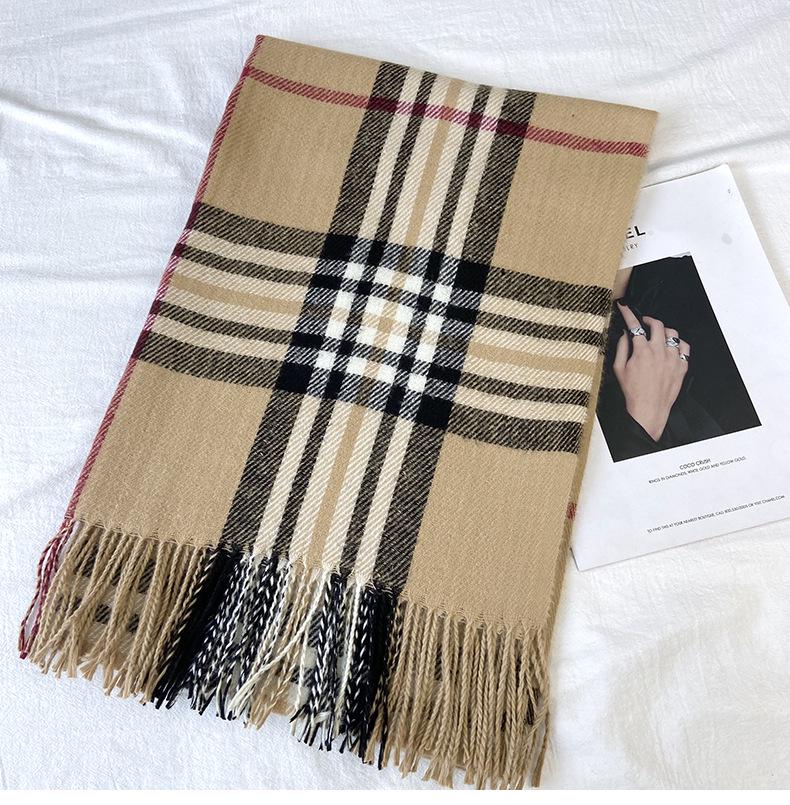 Women's Autumn/Winter Korean-Style Versatile Mid-Length Plaid Shawl & Scarf with Tassels – Imitation Cashmere Warm Neck Warmer