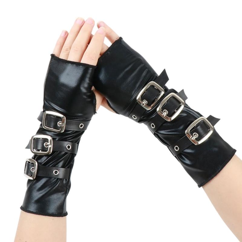 

Punk PU Leather Fingerless Gloves with Metal Clasps Fashion Cosplay Costume Accessory Arm Sleeves for Daily Party Wear 1 чёрный