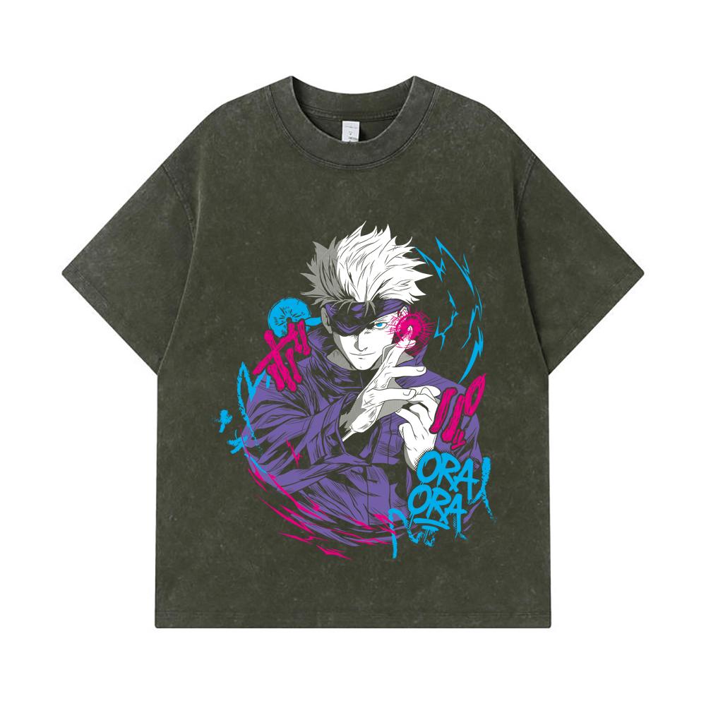 

275 GSM Washed T-shirts 100% Cotton Jujutsu Kaisen V59 Gojo Print Unisex Heavy Cotton T Shirt S армия зеленый