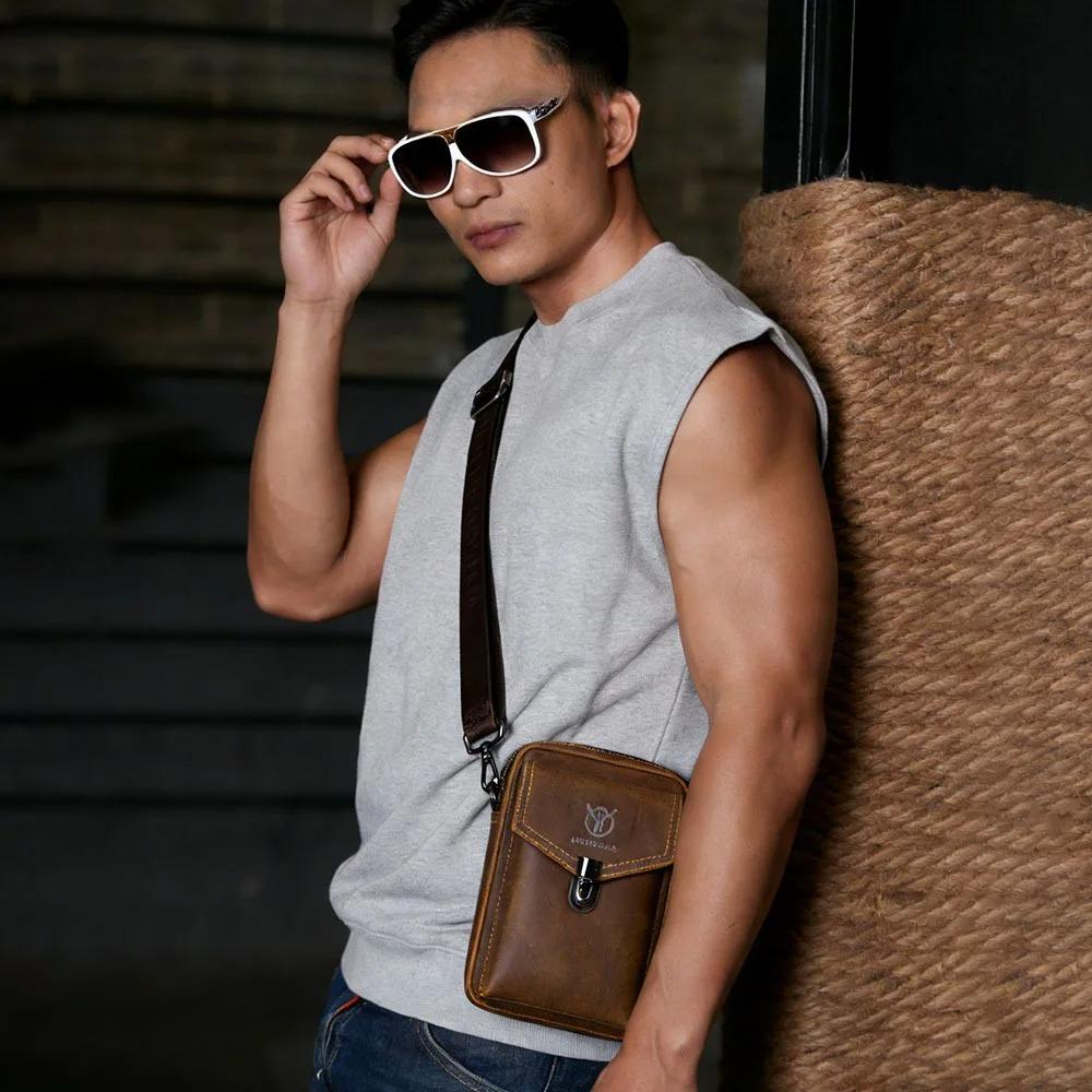 BULLCAPTAIN Men's Genuine Leather Crossbody Phone Bag Vintage Cowhide Mini Shoulder Bag Casual Travel Sling Pouch Waist bag