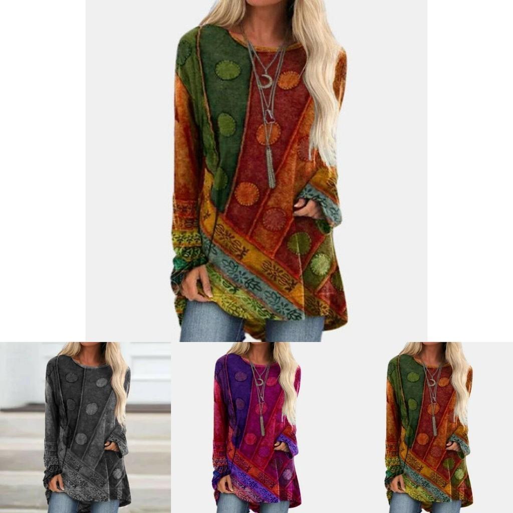 Plus Size Womens Hippie Boho Long Sleeve Tops With Soft Material And Floral Pattern