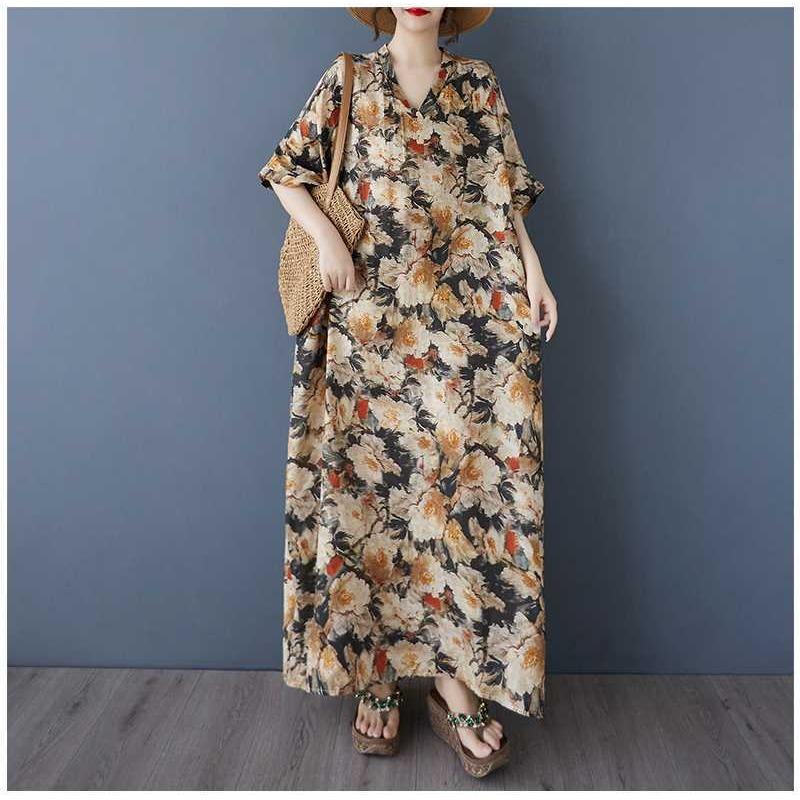 Women's Vintage Long Dress with Cotton and Linen Patterns